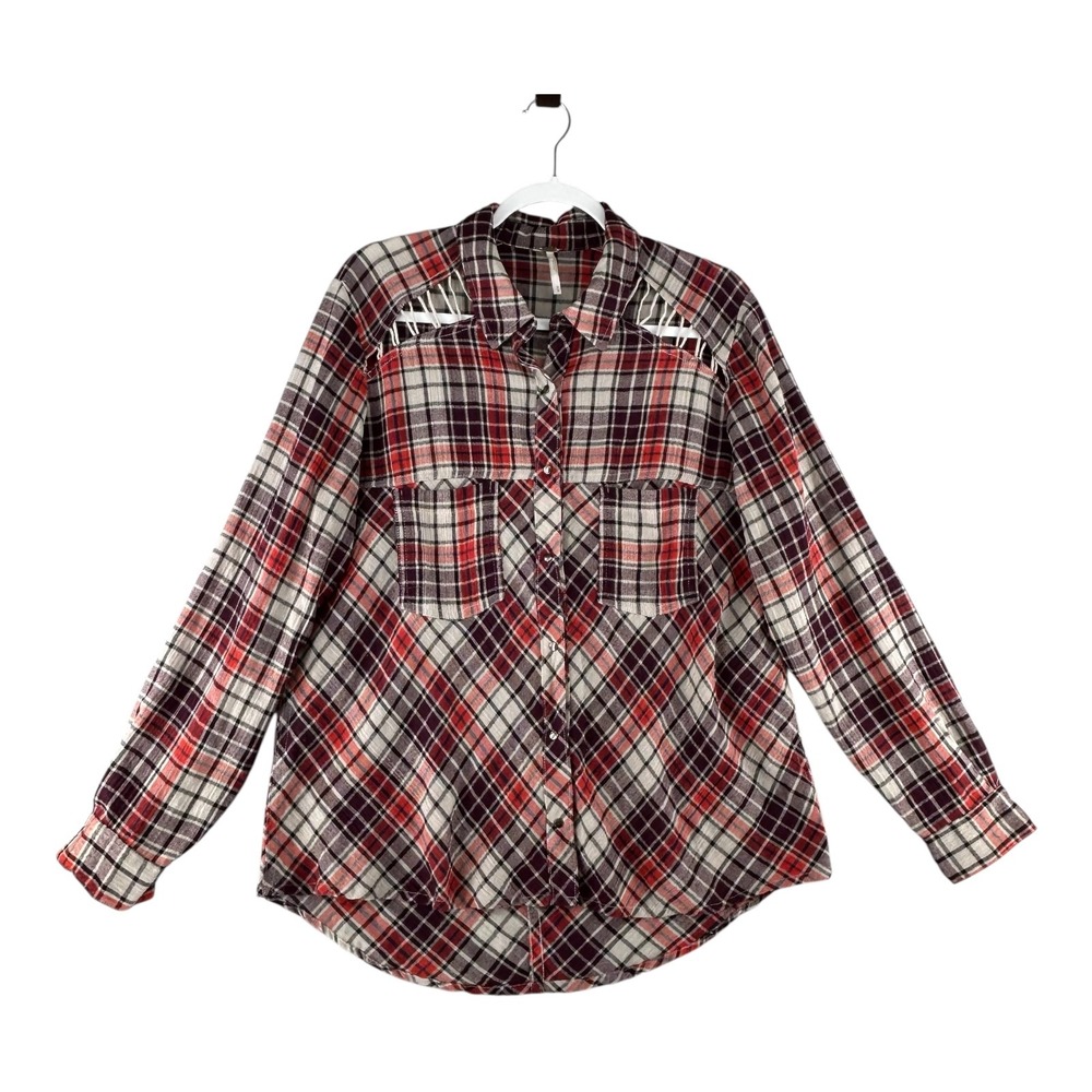 Free People Plaid Snap Front Shirt  Oversized Shoulder Cutout Boho Womens Medium